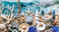 A collection of seashells and starfish on a beach. Sea Star and Shells Ocean Display