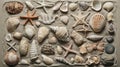 A collection of seashells and starfish displayed on a sandy backdrop