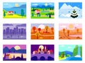 Collection of seasons landscapes winter, spring, summer, autumn. Rural, mountaines, field, city, sea, snow, hot, rain Royalty Free Stock Photo