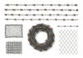 Collection of security fencing materials barbed wire mesh and chain link isolated on white background Royalty Free Stock Photo