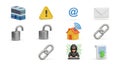 Collection of security and network related icons including locked unlocked padlock email wifi link and hacker Royalty Free Stock Photo