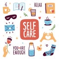 Collection of self care illustrations, relaxing, slow life icons Royalty Free Stock Photo