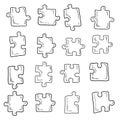 Collection of separate jigsaw puzzle pieces in black isolated on white background. Hand drawn vector sketch illustration in Royalty Free Stock Photo