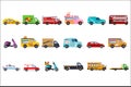 Flat vector set of service vehicles. Police car, taxi, fire engine, ambulance, delivery truck, tourist and school bus