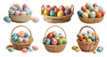 Collection set of basket of colourful hand painted decorated easter eggs on transparent background cutout, PNG