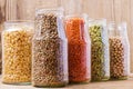Collection set of beans, pulses, peas, lentils in glass jars Royalty Free Stock Photo
