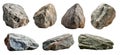 Collection set of big and long hard rock boulder stone on transparent background cutout, PNG