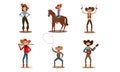 Set of cowboys and cowgirls in different poses. Vector illustration in flat cartoon style. Royalty Free Stock Photo