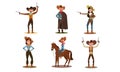 Set of cowboys and cowgirls in different poses. Vector illustration in flat cartoon style. Royalty Free Stock Photo