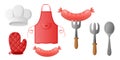 Collection set of cartoon cute kitchenware apron chef hat oven mitt fork spoon
