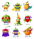 Set of funny superhero humanized characters fruit and berry in masks and capes. Vector illustration in flat cartoon Royalty Free Stock Photo