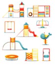 Set of different kid s playground equipment. Vector illustration in flat cartoon style. Royalty Free Stock Photo