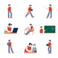 Set of the school teacher male character in different situations. Vector illustration in flat cartoon style Royalty Free Stock Photo