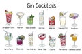 Collection set of classic gin based cocktails Gin and Tonic, Ramos Fizz, Bramble, Basil Smash, Negroni, Aviation, Clover