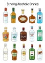 Collection set of classic Strong Alcoholic Drinks. Doodle cartoon hipster style vector A4 A3 poster size illustration