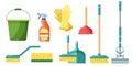 Collection set of cleaning supplies mop broom bucket rubber gloves plunger and sponge Royalty Free Stock Photo