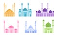 Set of colorful mosque Islamic holiest worship buildings. Vector illustration in flat cartoon style.