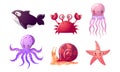 Set of colorful sea and ocean creatures. Vector illustration in flat cartoon style. Royalty Free Stock Photo