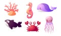 Set of colorful sea and ocean creatures. Vector illustration in flat cartoon style. Royalty Free Stock Photo