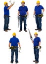 Collection set of construction man workers in blue shirt with Protective gloves, helmet with tool belt hand holding Construction Royalty Free Stock Photo
