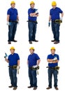 Collection set of construction man workers in blue shirt with Protective gloves, helmet with tool belt hand holding power drill Royalty Free Stock Photo