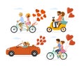 Collection set of couples in love on a date on the roadtrip, having ride with bike, tandem bicycle, scooter and car Royalty Free Stock Photo