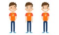 Set of a cute brown-haired boy in blue pants with different facial emotions. Vector illustration in flat cartoon style.