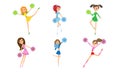 Set of cute girls cheerleaders with pom-poms. Vector illustration in flat cartoon style. Royalty Free Stock Photo