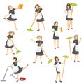 Set of cleaning housemaid ladies in different poses with the mop, vacuum, and duster. Vector illustration in flat