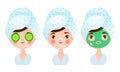 Set of a cute young girl with different types of facial masks. Vector illustration in a flat cartoon style.