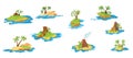 Set of different scenes of islands with huts, tropical trees, mountains, volcano, and waterfall. Vector illustration in