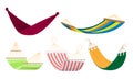 Set of various types of colorful rope hammocks. Vector set illustration in flat cartoon style. Royalty Free Stock Photo