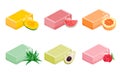 Set of different types of solid soap with watermelon, avocado, rose, mango, orange, aloe. Vector illustration in flat