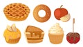 Collection set of food dessert obejct pie bagel cheese cake muffin chocolate covered apple