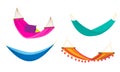 Set of four various colorful rope hammocks. Vector set illustration in flat cartoon style. Royalty Free Stock Photo