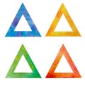 The collection is a set of four watercolor isosceles triangles isolated on a white background with an empty middle. Red, yellow, Royalty Free Stock Photo