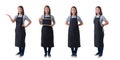 Collection set of portrait of waitress, delivery woman or Servicewoman in Gray shirt and apron isolated on white background