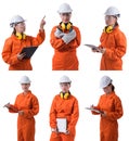 Collection set of Full body portrait of a woman worker in Mechanic Jumpsuit is holding clipboard, pen and checklist isolated on Royalty Free Stock Photo