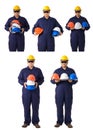 Collection set of Full body portrait of a worker in Mechanic Jumpsuit isolated on white background Royalty Free Stock Photo