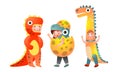 Set of cute smiling boys in colorful dinosaur costumes.Vector illustration in flat cartoon style. Royalty Free Stock Photo