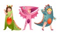 Set of cute smiling boys and girls in colorful dinosaur costumes.Vector illustration in flat cartoon style. Royalty Free Stock Photo