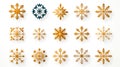 Collection set of golden snowflakes icons on a white background for winter holidays decoration. Christmas and New Year Royalty Free Stock Photo