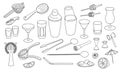 Collection set of hand-drawn doodle cartoon style vector icon illustrations. Various bar cocktail tool accessories Royalty Free Stock Photo