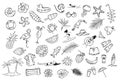 Collection set of hand drawn outlined summertime item objects sketchy doodles, flamingo, toco toucan pineapple watermelon surfer Royalty Free Stock Photo