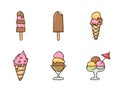 Collection set of icecream summer doodles. Vector hand drawn illustrations. Delicious sweet cold snacks