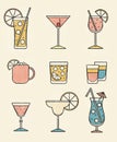 Collection set of icons various alcohol cocktail glasses high ball martini margarita old fashioned shot Moscow mule mug. Retro Royalty Free Stock Photo