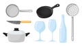 Collection set of kitchenware object fried pan knife glass bottle goblet pot filter spoon