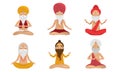 Set of meditating yogi men characters in the lotus position. Vector illustration in flat cartoon style.