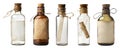 Collection set of message blank note label on rustic empty bottle on transparent PNG
