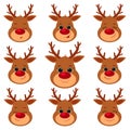 Collection, set of nine cute reindeer head isolated on a white background. Joyful, happy, sleeping, smiling. Cartoon